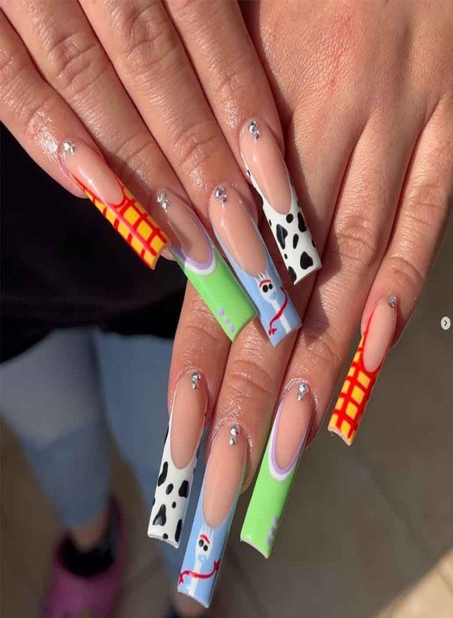 Foccna Long Press Pink Square French Fake Nails Summer Purple Full Cover Bling Acrylic False Rhinestone 3D Flower Design Square Nails for Women and Girls 24PCS - Image 1